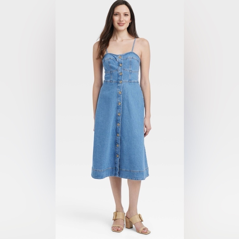 Universal Thread Button Front Denim Corset Midi A-Line Dress in Indigo XL